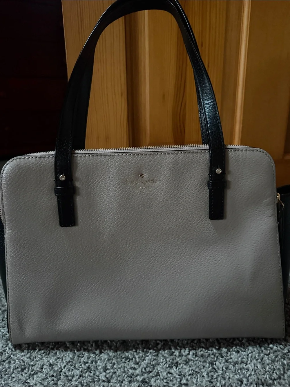 kate spade Two-Tone Pebbled Leather Purse - Light Gray Body with Black Handles